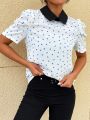 SHEIN Mulvari Heart Pattern Patchwork Collar Puff Sleeve Shirt