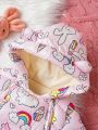 Baby Girl Rainbow & Unicorn Print 3D Ear Design Hooded Jumpsuit