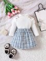 Baby Girl Ruffle Trim Tee & Plaid Fake Button Skirt