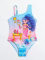 Little Girls' Cartoon Printed Mesh Splice One Piece Swimsuit