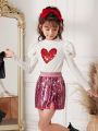 SHEIN Kids KDOMO Tween Girl Sequin Heart Pattern Gigot Sleeve Tee