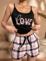 Text & Plaid Print Cami Top And Shorts Homewear Set