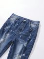 Teen Boy'S Vintage Streetwear Personality Ripped Jeans, Comfortable & Stretchy With Printed Designs