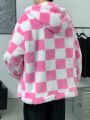 Manfinity Hypemode Men's Pink Plaid Zipper Hooded Plush Jacket