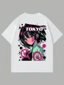 ROMWE Anime Men's Alphabet & Cartoon Character Print T-shirt
