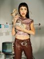 SHEIN X Danna Paola Vintage Slim Fit Top With Distressed Pet Graphic On Elastic Fabric