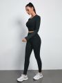 Yoga Basic 2pcs Mono Gym Set Fitness Suit Cropped Thumbhole Tee & Tummy Control Leggings