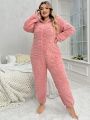 Plus Size Women's Love Embossed Cartoon Animal Ears Design Plush Pajama Jumpsuit