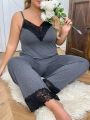 Plus Size Color Block Lace Trimmed Pajamas Set