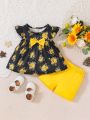 Toddler Girls' Flower Print Doll Collar Top And Yellow Shorts Set For Summer