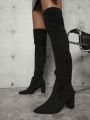 Solid Pointed Toe Chunky Heel Over-the-Knee Boots