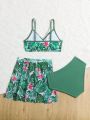 Tween Girls' Plant Printed Cross Halter Swimsuit Set