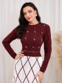 SHEIN Modely Pearl, Beaded, Rhinestone Detail Knitted Sweater Dress In Check Pattern