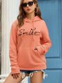 Hooded Drawstring Kangaroo Pocket Sweatshirt With Letter Graphic