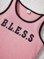 SHEIN Kids EVRYDAY Girls' Knitted Color Block Letter Patterned Crop Top & Vest 2pcs/set