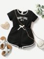 SHEIN Baby Girls' Casual Sports Color Block Romper With Letter Print And Contrast Trim