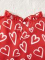 SHEIN Kids SUNSHNE Tween Girls' Elegant Heart Pattern Printed Valentine's Day Short Flare Sleeve Blouse