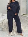 Plus Size Flannel Pajama Set With Embroidered Bear Pattern