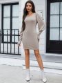 SHEIN Clasi Solid Bishop Sleeve Bodycon Dress