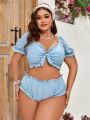 SHEIN Swim Mod Plus Size Solid Color Hollow Out Embroidery Bikini Set