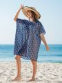 SHEIN Swim BohoFeel 1pc Full Print Batwing Sleeve Hooded Cover Up Dress