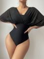 SHEIN Swim Chicsea Solid Color One Piece Swimsuit With Batwing Sleeves