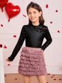 SHEIN Kids FANZEY Girls' Knitted Skin-Friendly Net Yarn Splicing Pu Leather Slim Fit T-Shirt