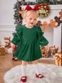 SHEIN Infant Girls' Cute Sweet Velvet Loose Dress With Shiny Bowknot