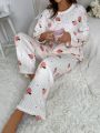 Letter & Peach Pattern Drop Shoulder Flannelette PJ Set