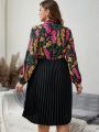 EMERY ROSE Plus Size Strappy Floral Print Patchwork Pleated Dress