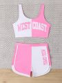 Fashionable Teenage Girls' Color Block Letter Printed Sporty Bikini Set