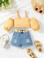 Young Girl's Fashionable Hollow Out Shoulder Bubble Sleeve Top + Ripped Denim Shorts Two-Piece Set