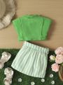 2pcs Baby Girls' Stretchy Solid Color Round Neck Top With Ruffle Trim & Striped Buttoned Skirt With Belt, Comfortable Breathable Quick Dry, Suitable For Spring And Summer