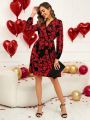 EMERY ROSE Valentine's Day Women Lace Trimmed Neckline Lantern Sleeve Dress