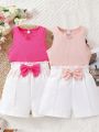 SHEIN Kids EVRYDAY Tween Girls Vest With Bow Decoration And Shorts Set