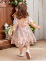 Baby Girls' Embroidered Floral Mesh Dress With Bow Decoration, Elegant & Romantic Party Dress For Festival