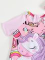 Baby Girl Unicorn Print Zipper Back One Piece Swimsuit With Cap