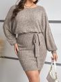 SHEIN Frenchy Plus Size Lantern Sleeve Belted Dress