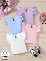 SHEIN 4pcs/Set Infant Girls' Casual Simple Round Neck Top With Comfortable Ruffles Edge, Perfect For Spring-Summer Outfits