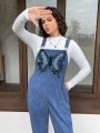 SHEIN Qutie Plus Size Denim Blue Butterfly Applique Embroidery Jumpsuit