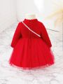 SHEIN Infant Girls' Red Long Sleeve Mesh Splicing Dress With Bag Set