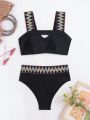 SHEIN Swim BohoFeel Chevron Tape Cut Out High Waisted Bikini Swimsuit