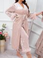 Plus Fuzzy Trim Velvet Robe & Cami Top & Pants PJ Set