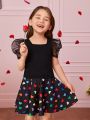 SHEIN Kids CHARMNG Toddler Girls 1set Contrast Mesh Puff Sleeve Tee & Heart Print Skirt