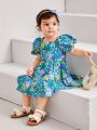 SHEIN Baby Girls' Casual Square Neck Bubble Short Sleeve Dress With Floral Pattern