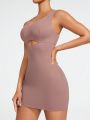 SHEIN SHAPE Ladies Solid Color Round Neck Pom Pom Trim Shapewear Dress