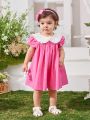 SHEIN Baby Girl Casual Summer Holiday Color Block Short Sleeve Dress With Doll Collar