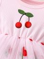 Baby Girls' Fashionable Cherry Print Mesh Splice Casual Dress