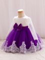 Baby Girls' Round Neck Lavender Formal Dress With Bowknot, Lace & Ruffle Detail