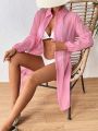 SHEIN Swim Vcay Solid Button Front Longline Kimono